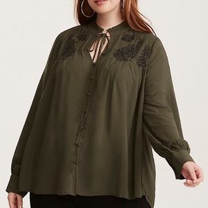 Army Green Button-down Shirt with black embroidery